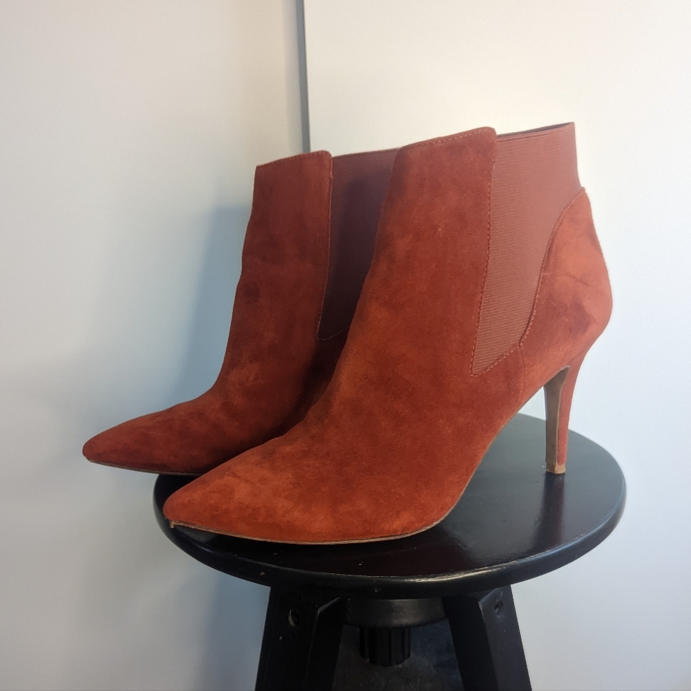 Boden rust orange suede heeled booties in size 41